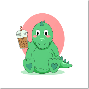 Green Dinosaur Hug Me I'm done drinking boba Posters and Art